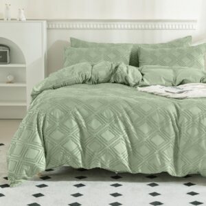 jellymoni light green duvet cover twin size - 3 pcs microfiber tufted duvet cover set, boho textured duvet cover jacquard rhombus geometric pattern duvet cover with corner ties & zipper closure