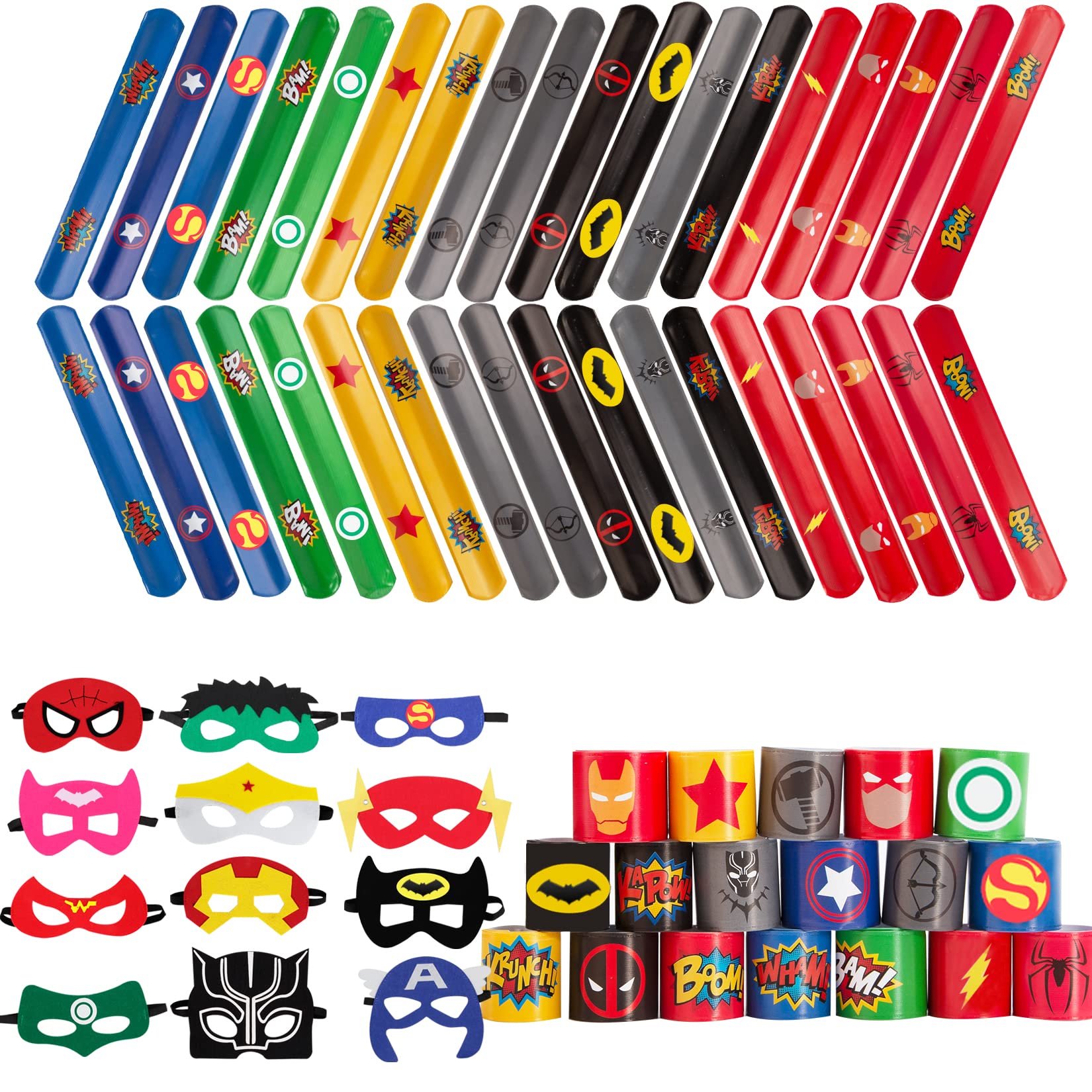 HHMJZW 36PCS Superhero Slap Bracelet and 12PCS Superhero Party Masks for Kids Baby - 48PCS The Avengers Super Heroes Birthday Party Supplies Favors Children/Kids/Adults, Red