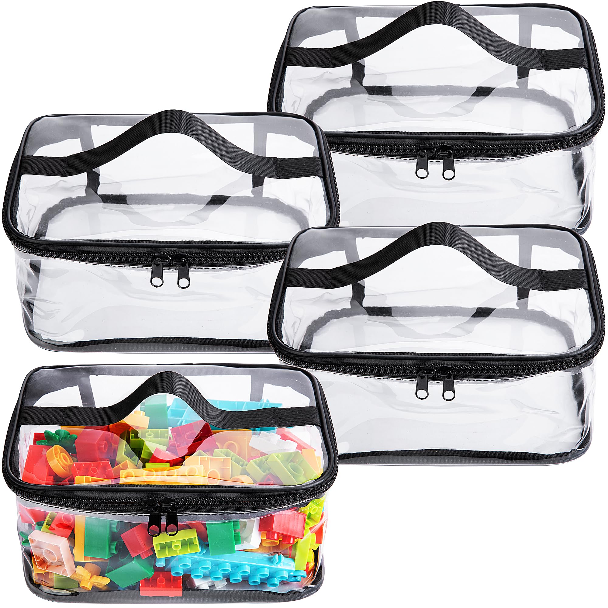 4 Packs Clear Toy Storage Bags- 9.4 x 6.7 x 4.3 Inch Transparent PVC Toy Organizing Bags with Zipper- Waterproof Toy Storage Organizer Pouch for Building Blocks, Small Toys (Black)