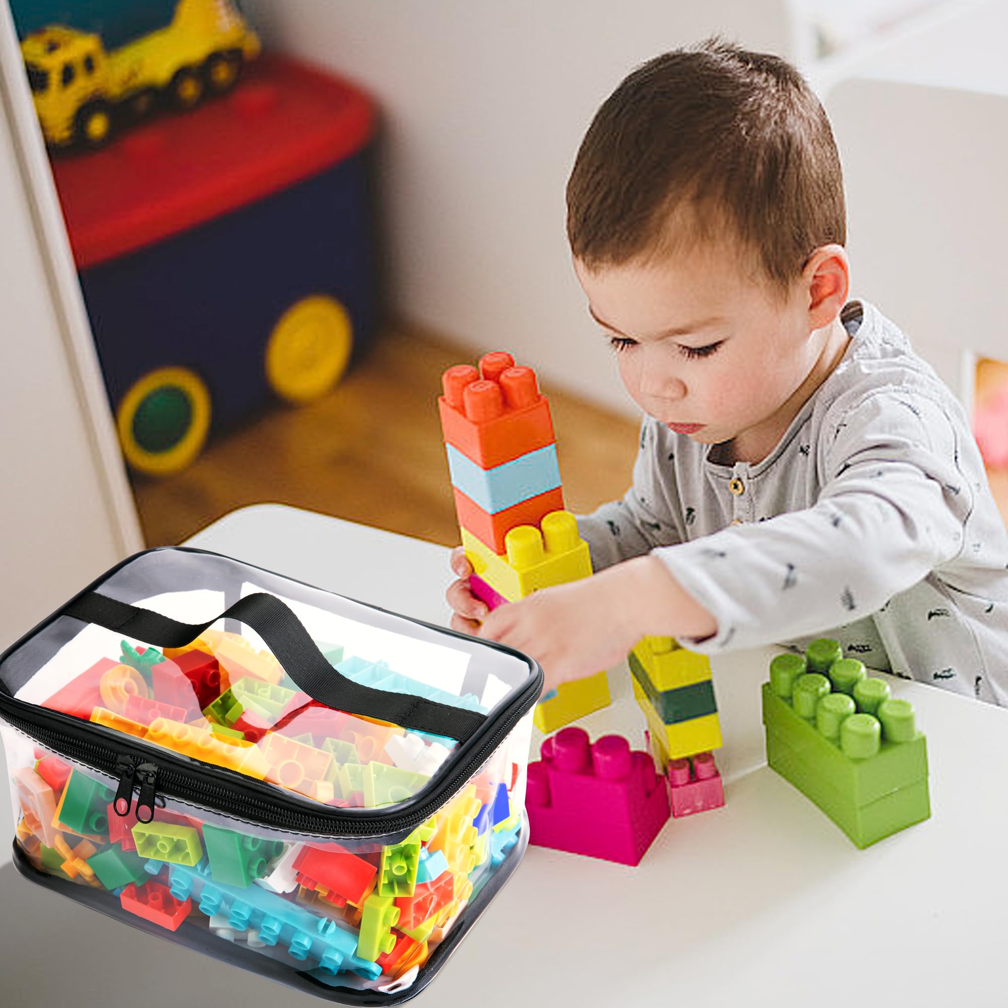 4 Packs Clear Toy Storage Bags- 9.4 x 6.7 x 4.3 Inch Transparent PVC Toy Organizing Bags with Zipper- Waterproof Toy Storage Organizer Pouch for Building Blocks, Small Toys (Black)