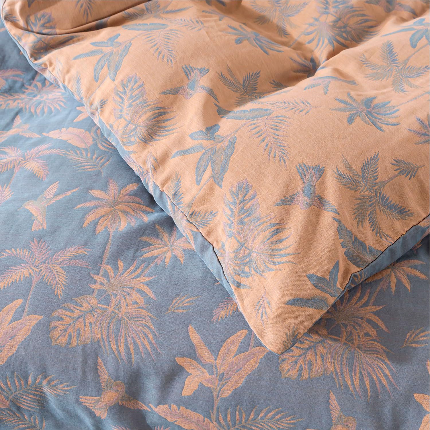 FADFAY Muslin Duvet Cover King Size, Dirty Blue Orange 100% Washed Cotton Double -Layer Tropical Bird Duvet Cover Set, Linen Like Gauze Comforter Cover Set with Zipper Closure & Corner Ties, 3Pcs