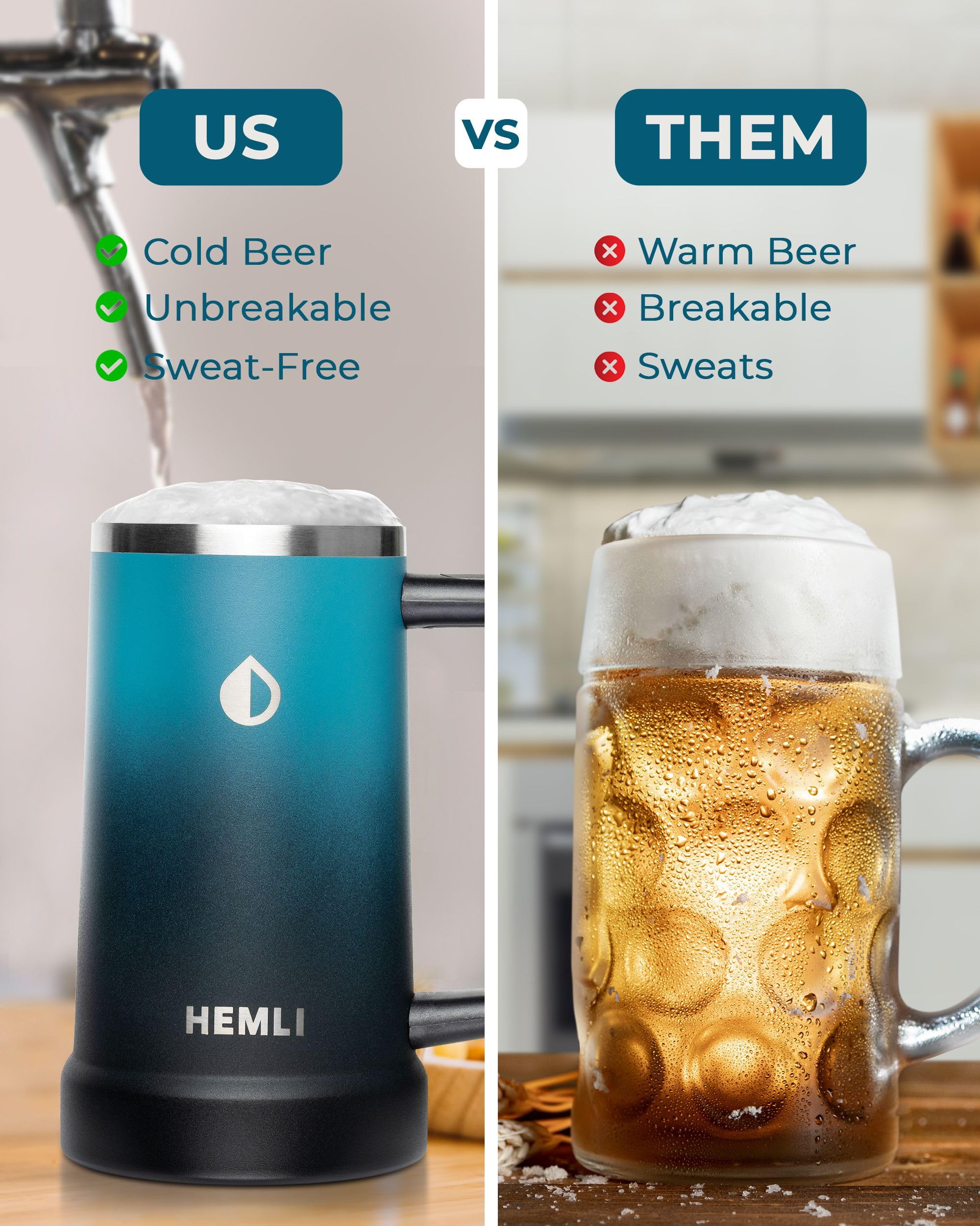 Hemli Insulated Beer Mug Tumbler, Beer Stein Stainless Steel, Vacuum Insulated - 24 oz