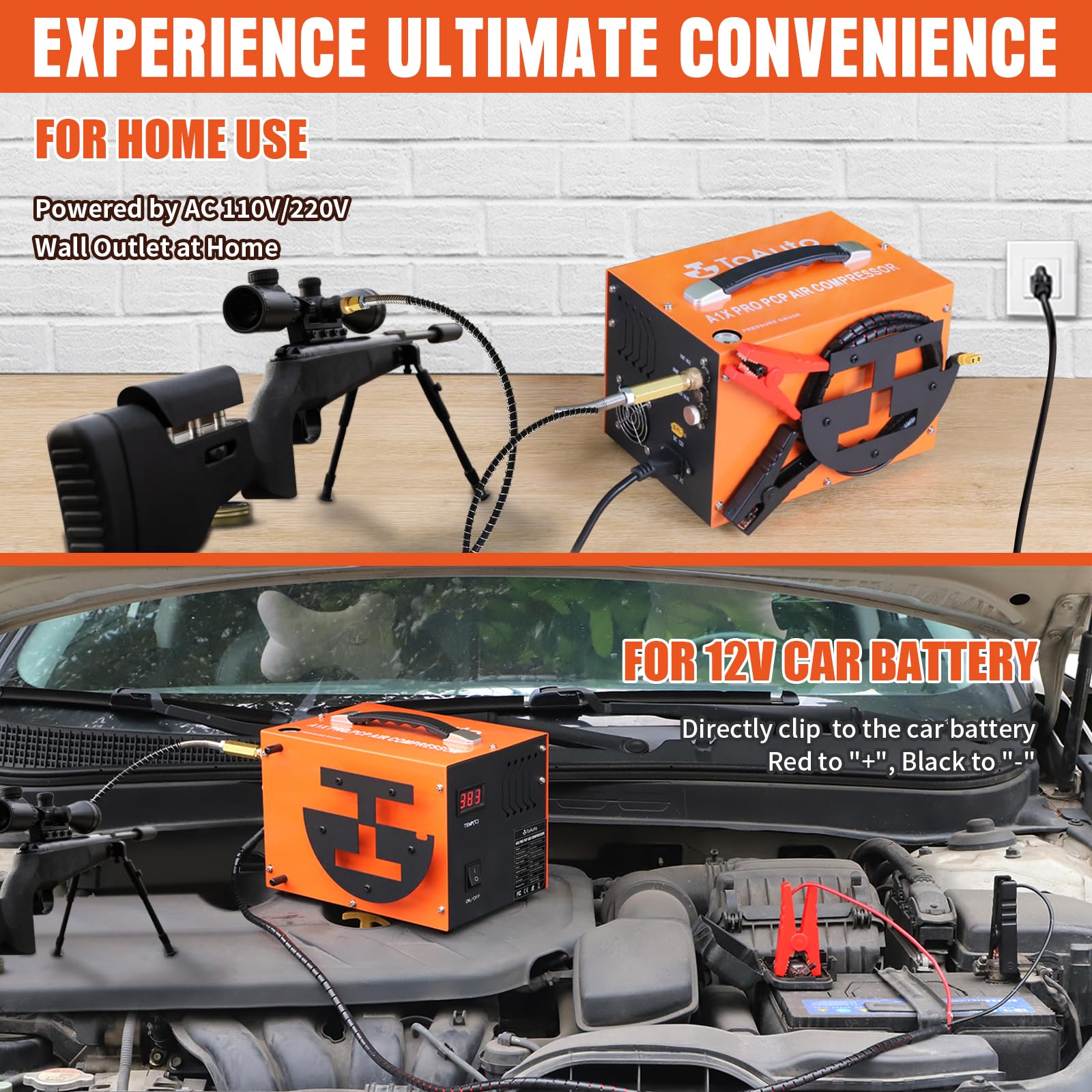 TOAUTO A1X-PRO PCP Air Compressor,4500Psi 30Mpa, Wire Spool Portable Design, Built-in Converter, Water/Oil-Free, One Button Start, Bursting disc, by 110V AC or 12V Car Battery (Manual Stop Version)