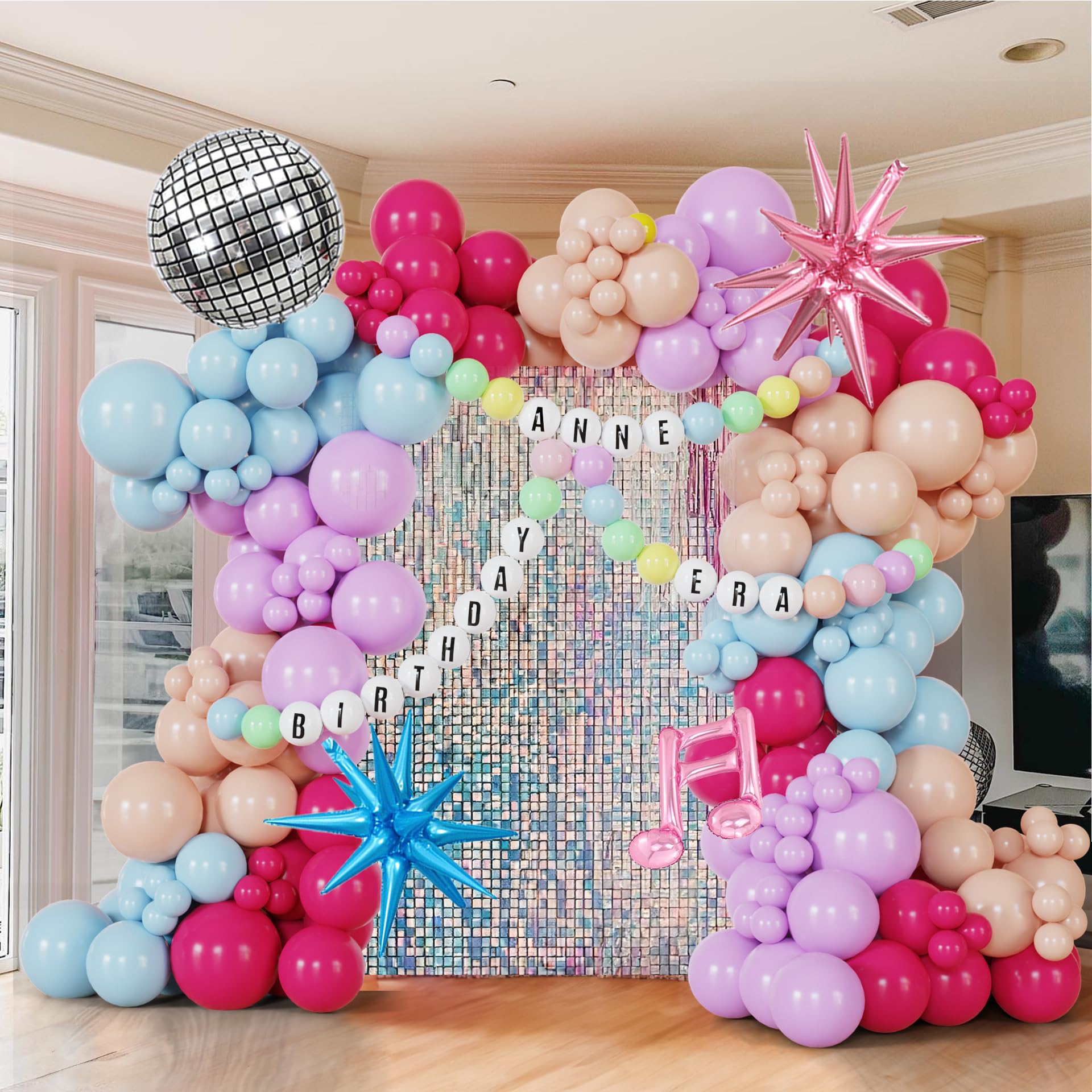 189Pcs Pink Purple Balloon Garland In My Teenage Era Princess Birthday Decorations Disco Ball Balloons For Music Themed backdrop,Friendship Bracelet Banner, Baby Shower,Bridal，Bachelorette Party