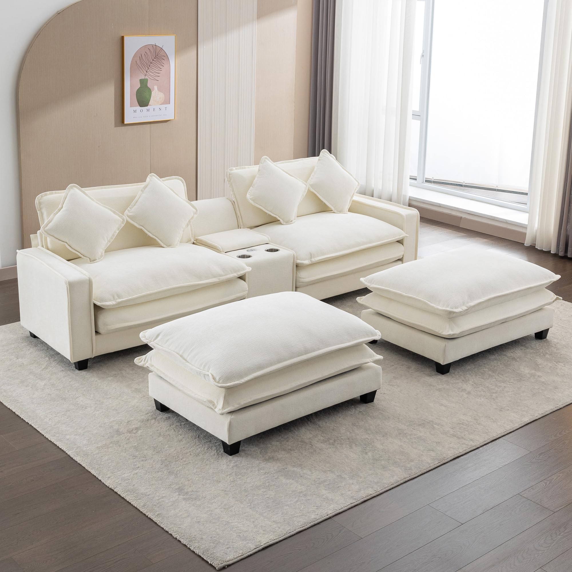 P PURLOVE Sectional Sofa with 2 Removable Ottomans, Chenille Upholstered Sofa with 2 USB Ports, 2 Cup Holders and Large Storage Box for Living Room, Beige