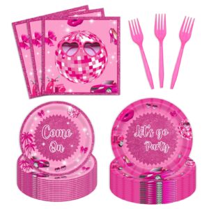 96 pcs let's go party pink plates and napkins party supplies kids girls bachelorette bridal shower hot pink princess happy birthday tableware set disco table decorations favors serves 24 guests