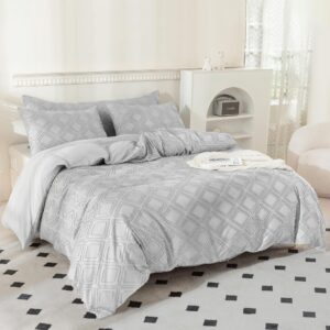 JELLYMONI Light Grey Duvet Cover King Size - 3 PCS Microfiber Tufted Duvet Cover Set, Boho Textured Duvet Cover Jacquard Rhombus Geometric Pattern Duvet Cover with Corner Ties & Zipper Closure