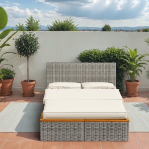 Devoko Outdoor Daybed Set Multifunctional Patio Day Bed Rattan Lounge Bed with 2 Side Tables for Backyard Porch Poolside Lawn Beach (Beige White)