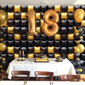 Palksky Black Gold Balloon Backdrop Wall, 25PCS Double Sided Square Foil Balloons, Aluminum Foil Balloons for New Year,Graduation,Birthday,Anniversary,Baby Shower,Retirement Party Decoration Supplies