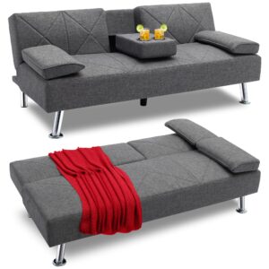 vecelo modern convertible folding futon sofa bed with removable armrests, breathable linen recliner couch for living room/apartment lounge, 2 cup holders, drak grey