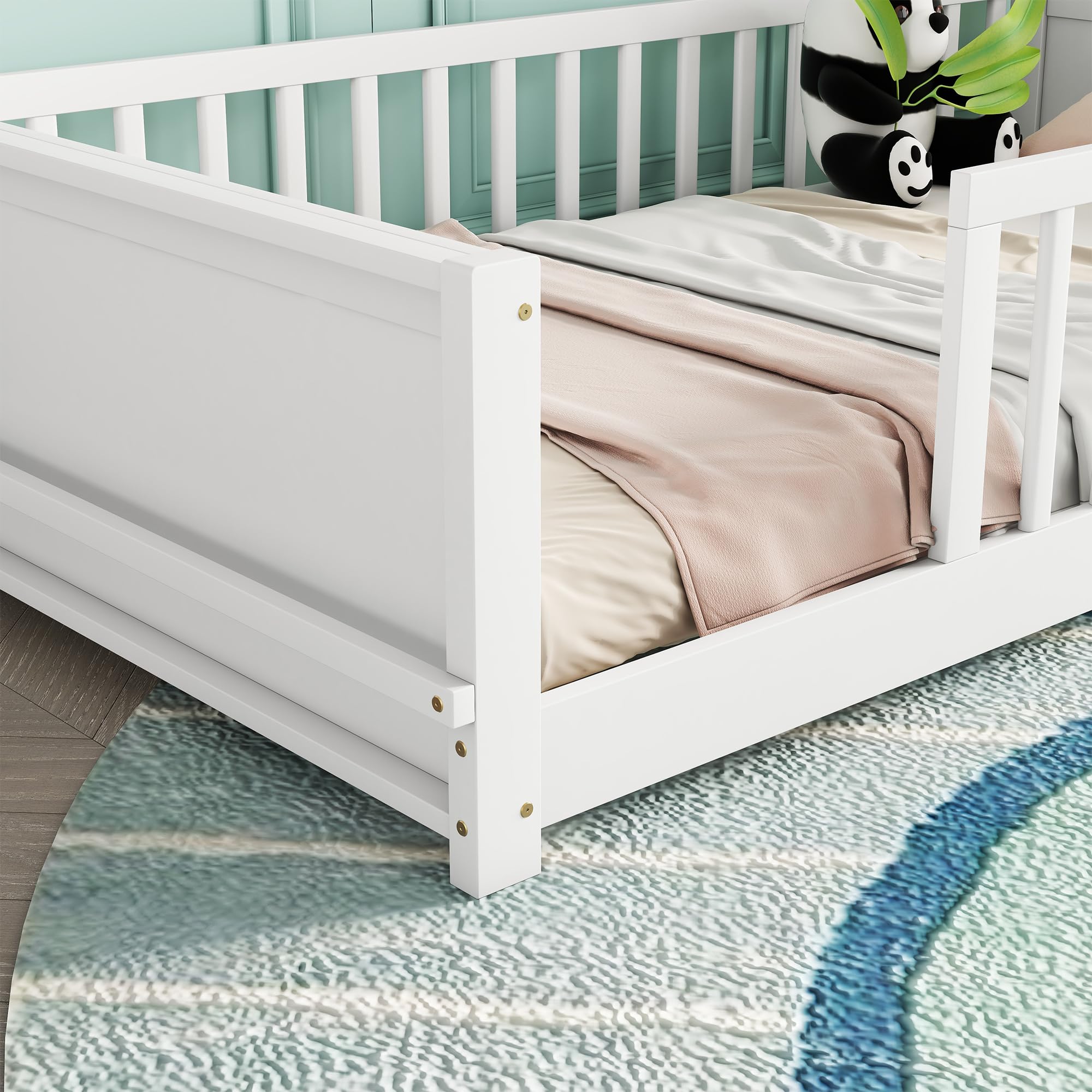 LostCat Twin Size Floor Bed Frame with Fence and Magazine Rack, Wood Montessori Floor Bed with Guardrails and Slat Support, Floor Bed Frame for Kids Girls Boys, White