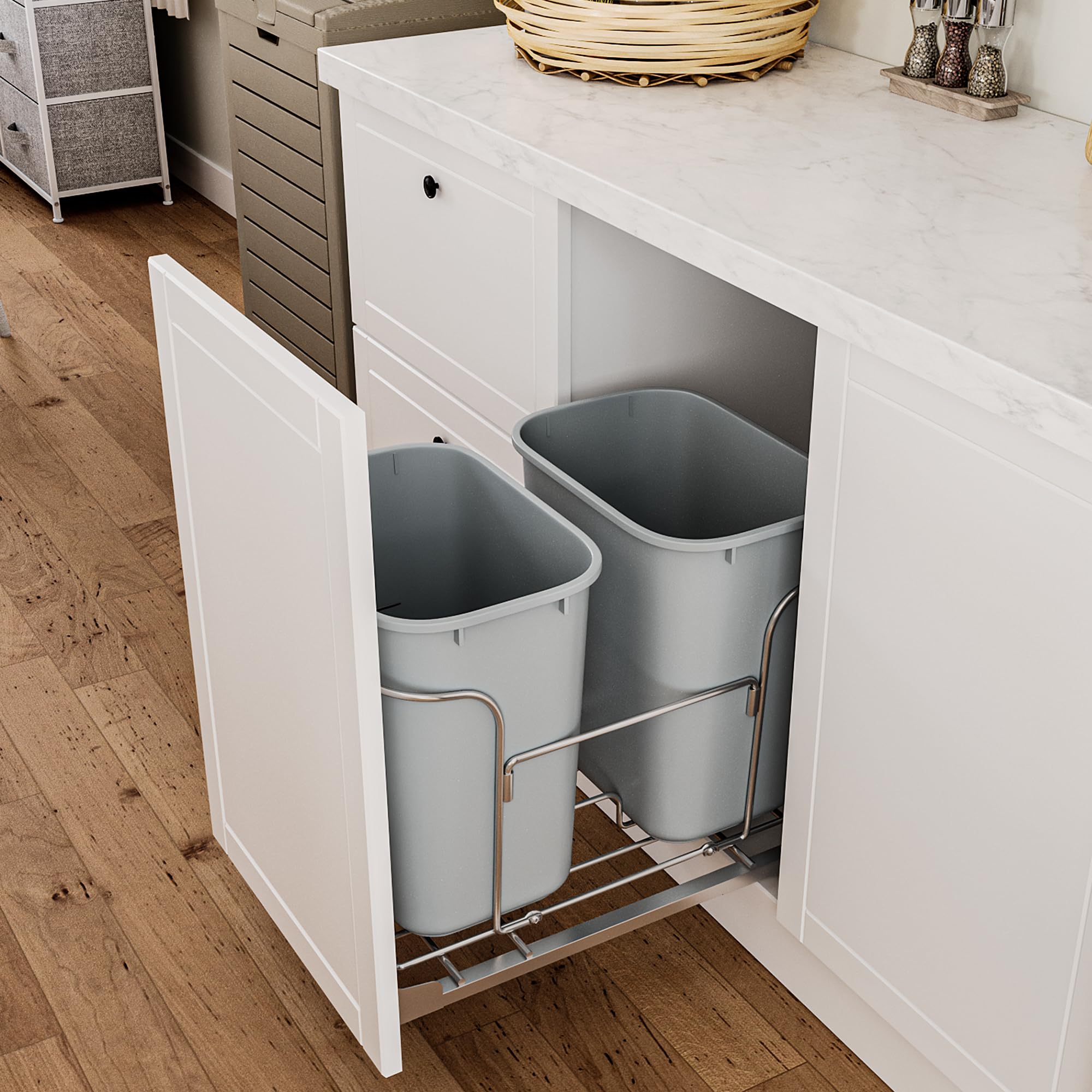 DWVO 27 Quart Pull Out Trash Can for Under Kitchen Cabinets, Double Pull-Out Trash Can for 20.9" W x 25" D x 20.9" H Minimum Cabinets Cabinet Opening, Gray