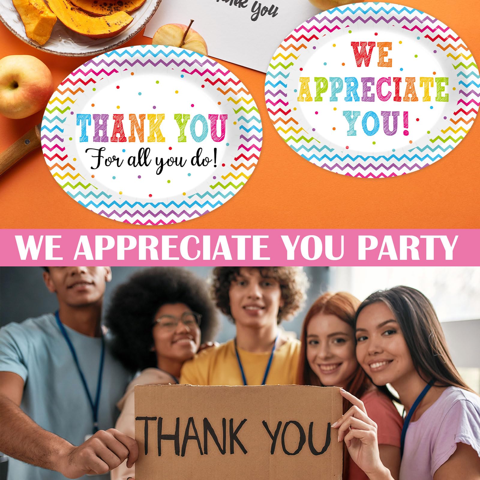 50 PCS Thank You Party Decoration We Appreciate You Oval Paper Plates 11inch Large Volunteer Teacher Appreciation Platters, Be Thankful to Teacher Doctor Staff Dish Tray for Graduate Party Tableware