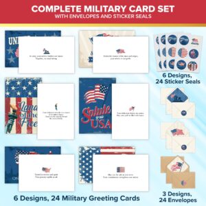 Decorably 24 Pack Patriotic Cards with Envelopes & Stickers - 6 Designs with Printed Message Inside Patriotic Thank You Cards, 6x4in Thank You for Your Service Cards, Patriotic Note Cards