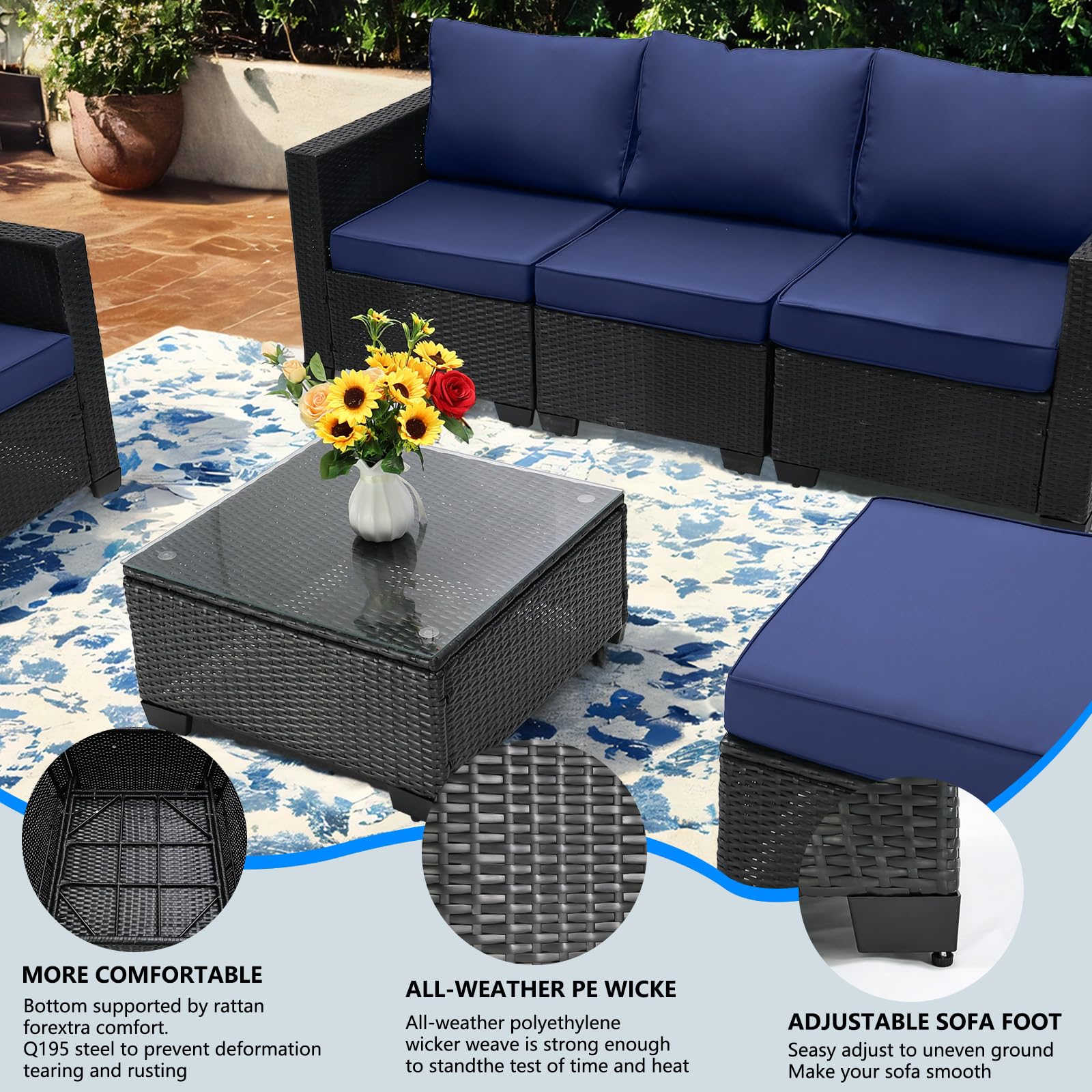 TINASUUS 6 Pieces Patio Furniture Sets, All-Weather Outdoor Furniture Wicker Patio Conversation Set Outdoor Sectional w Cushions for Porch Poolside Backyard Deck Lawn (Coffee-Dark Blue)