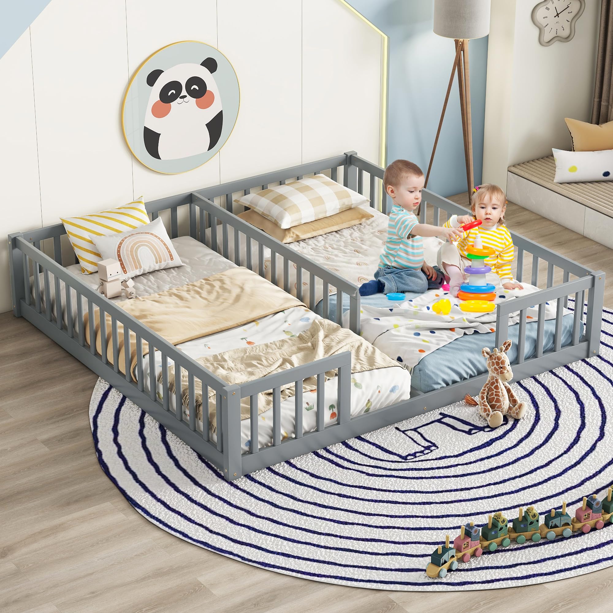 Mirightone Double Twin Bed Frames for Kids, Wood Montessori Bed with Fence Guardrails, Double Twin Floor Bed Side by Side for Boys Girls Children, Grey