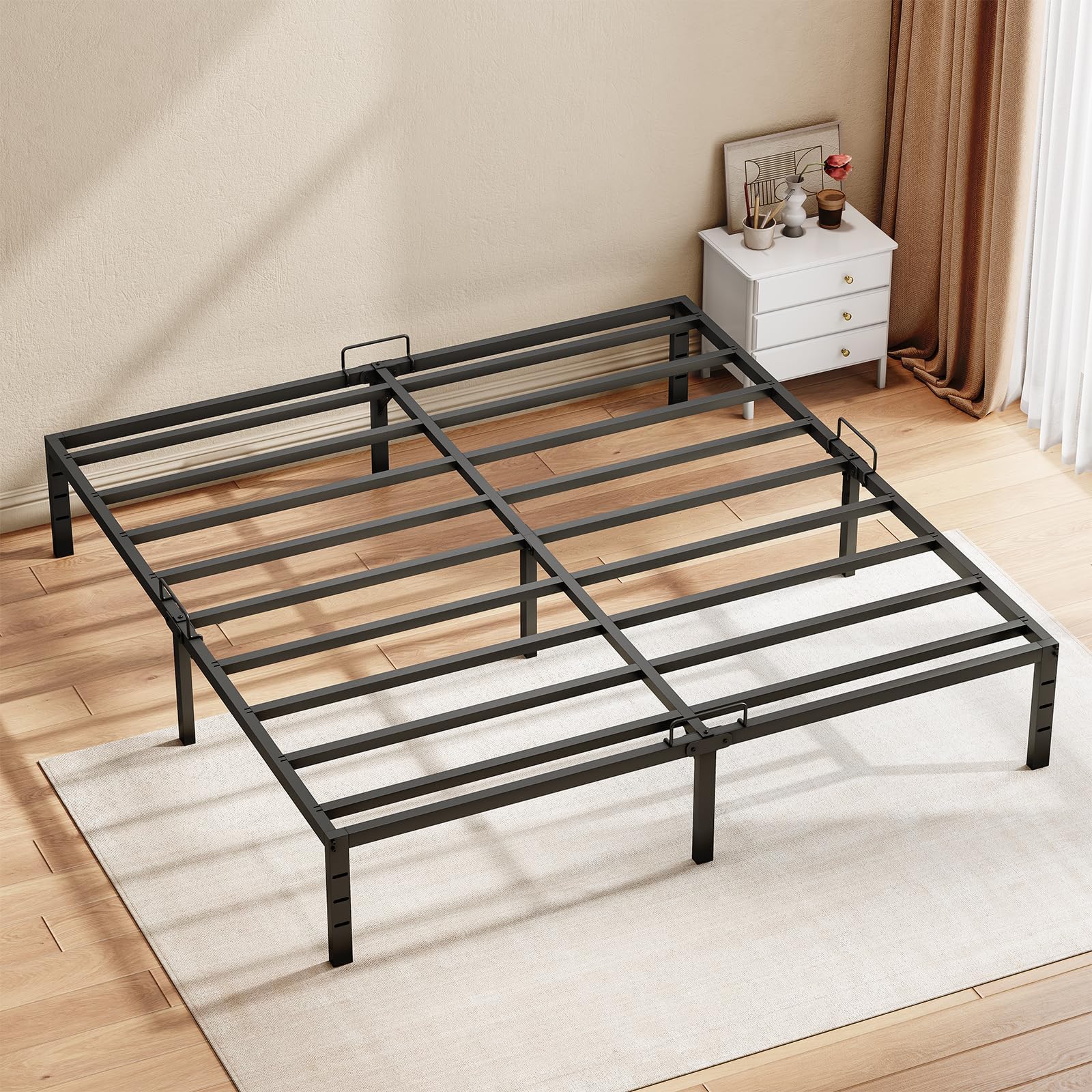 KKL Queen Bed Frame, 14 Inch Heavy Duty Steel Platform with Mattress Anti-Slip Rods, Bed Frame with Underneath Storage Space, No Box Spring Needed, Easy Assembly, Black