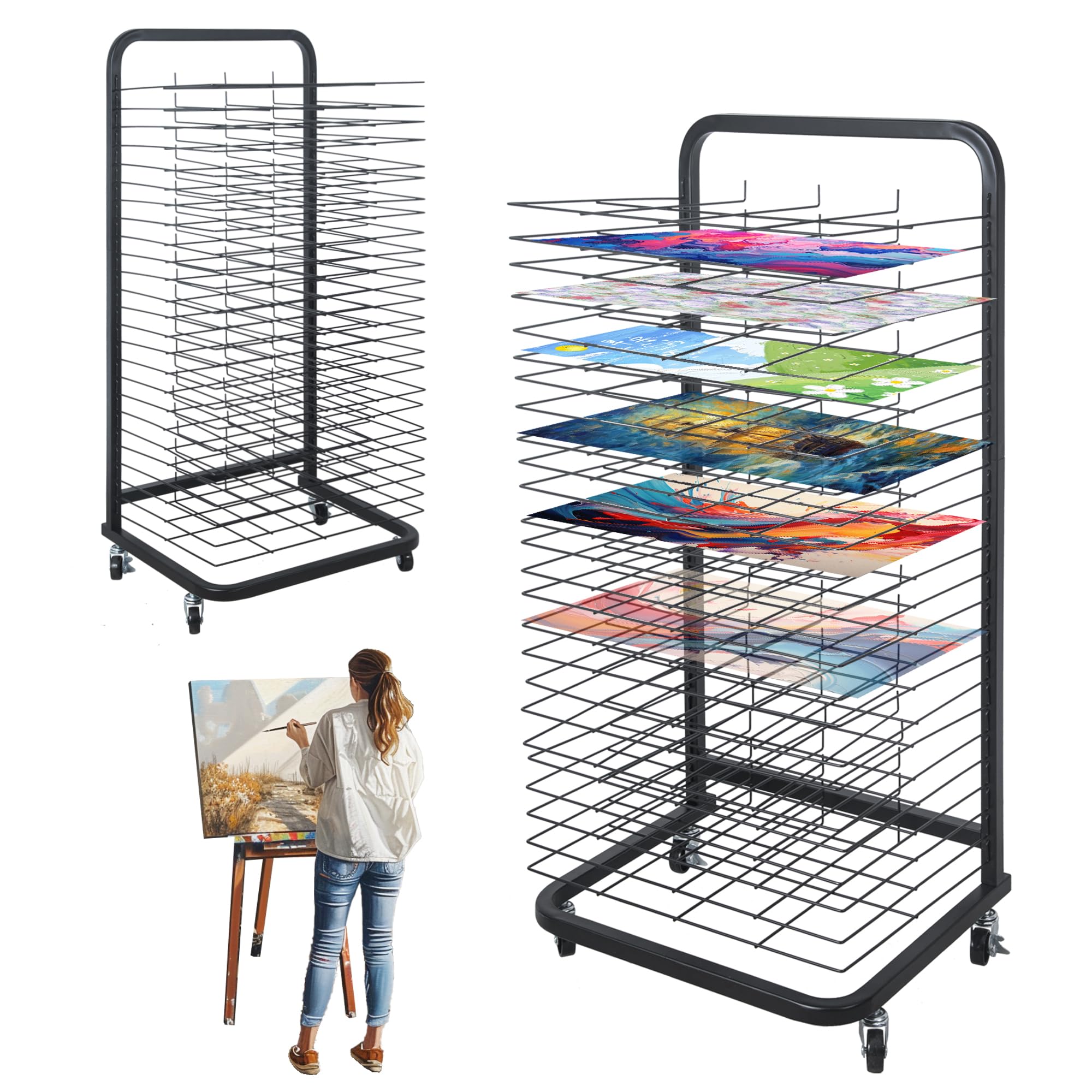 LIAQICHA 25 Removable Shelves, Art Drying Rack for Classroom,Art Storage Rack,Drying Rack Art,Art Canvas Storage,Art Rack,Painting Drying Rack,Mobile, Sturdy Metal,Sizes 32.22 x 14.6 x 17.3 inch