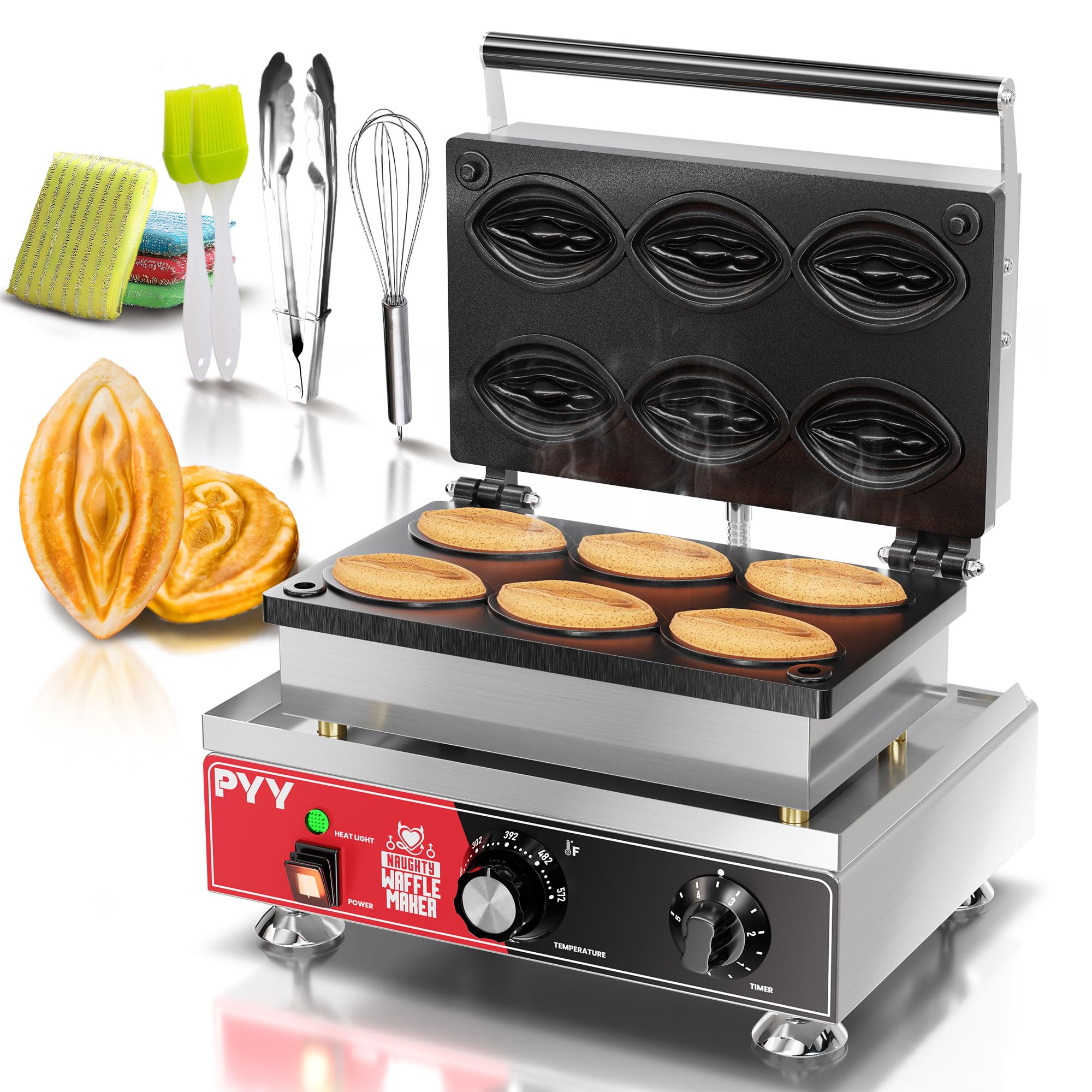 PYY Commercial Waffle Maker - 6pcs Strange Shape Abalone Waffle Iron Machine, Electric Stainless Steel Double Sided Removable Plates, 1600W 122-572℉ Temp Control | Black Non-stick Coating | Crumb Tray