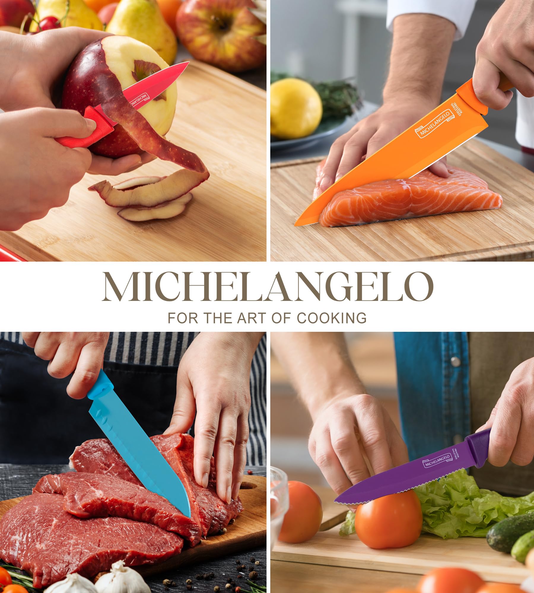 MICHELANGELO Kitchen Knife Set 10 Piece, Rainbow Knife Set for Kitchen, High Carbon Stainless Steel Kitchen Knives Set, Kitchen Knife Set with Covers, Colorful Knife Set- 5 Knives and 5 Knife Covers