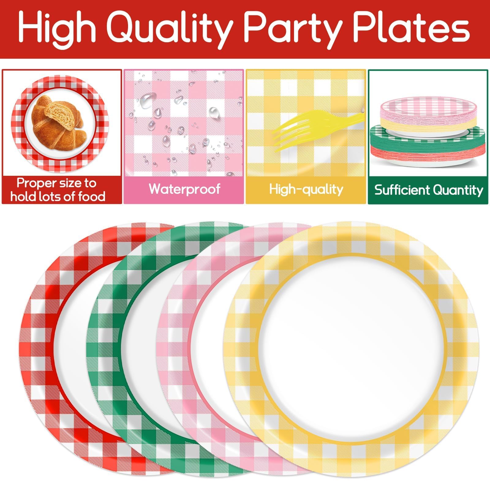 ojustbeok 96 Pcs Camp Gingham Paper Plates and Napkins Gingham Checkered Bachelorette Party Supplies Glamping Birthday Tableware Set Summer Plaid Camping Themed Party Favors Baby Bridal Shower