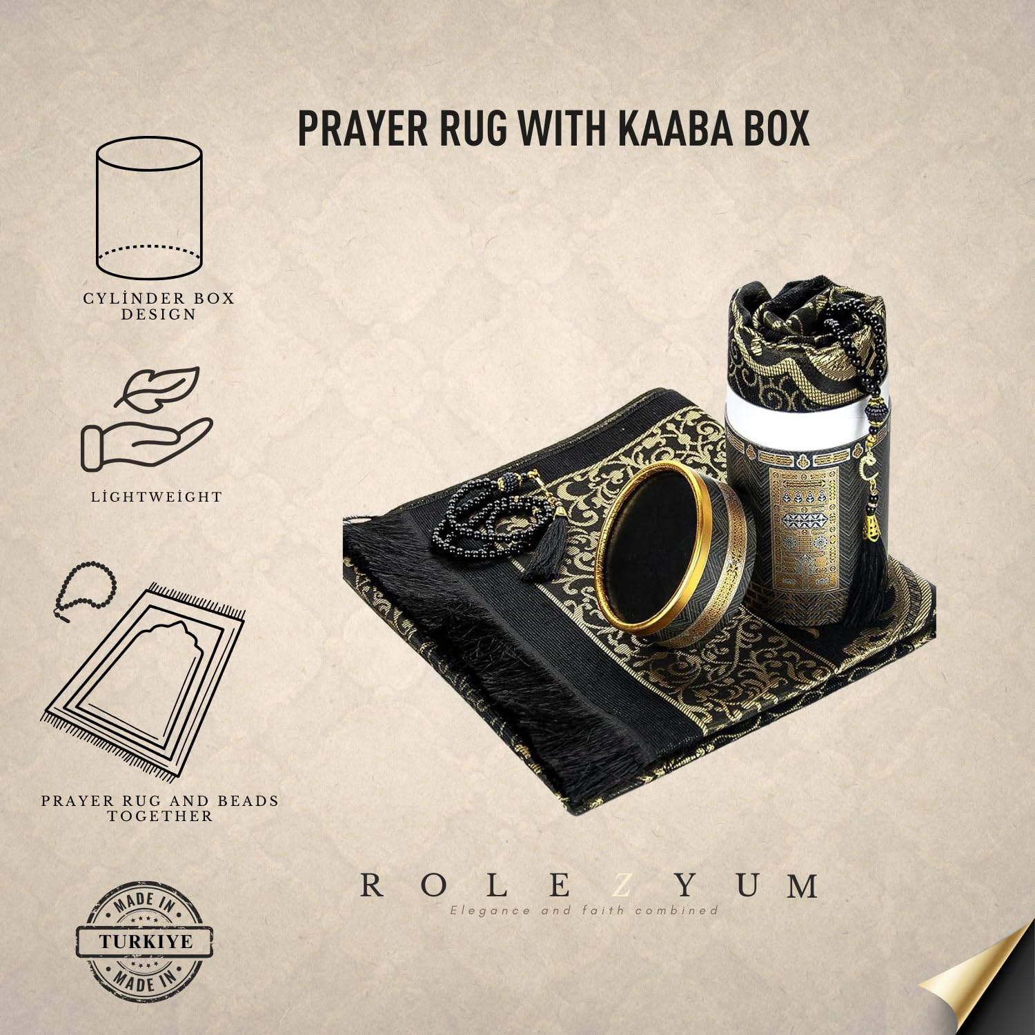 rolezyum Muslim Prayer Rug and Prayer Beads with Elegant Design Cylinder Gift Box, Janamaz, Sajadah, Soft Islamic Gifts Set, Carpet Mat, Taffeta Fabric (Black)