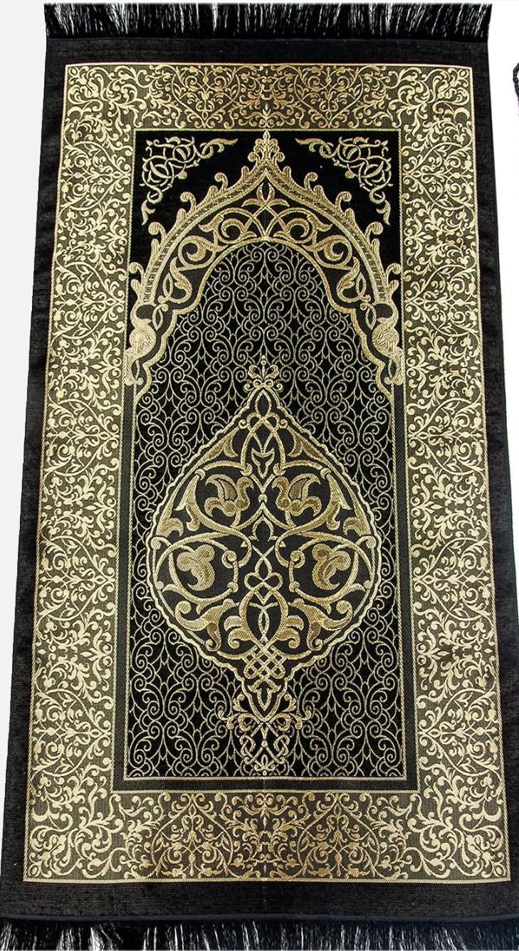 rolezyum Muslim Prayer Rug and Prayer Beads with Elegant Design Cylinder Gift Box, Janamaz, Sajadah, Soft Islamic Gifts Set, Carpet Mat, Taffeta Fabric (Black)