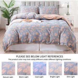 FADFAY Muslin Duvet Cover King Size, Dirty Blue Orange 100% Washed Cotton Double -Layer Tropical Bird Duvet Cover Set, Linen Like Gauze Comforter Cover Set with Zipper Closure & Corner Ties, 3Pcs