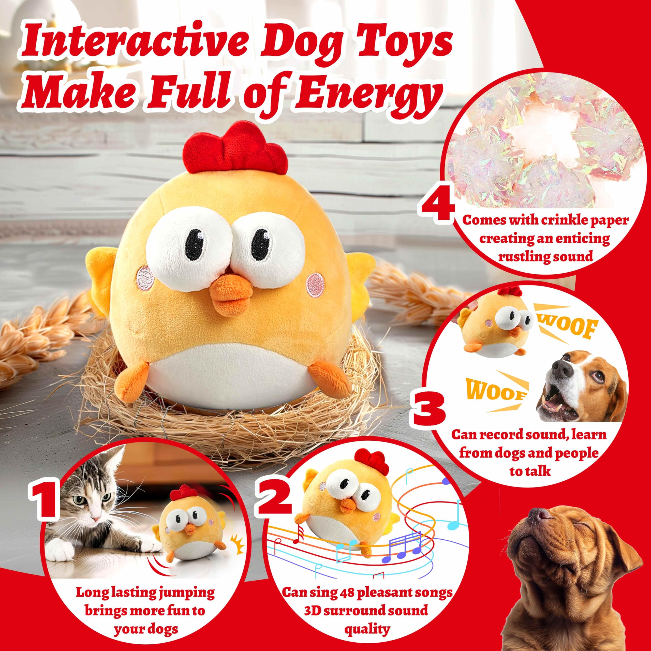 GUKCO Interactive Dog Toys, Squeaky Dog Toys with Interactive Dog Ball, Rechargeable Crinkle Dog Chew Toys Pet Plush Toys for Small Medium Large Dog Toys to Keep Them Busy Jumping Music Mode(Chick)