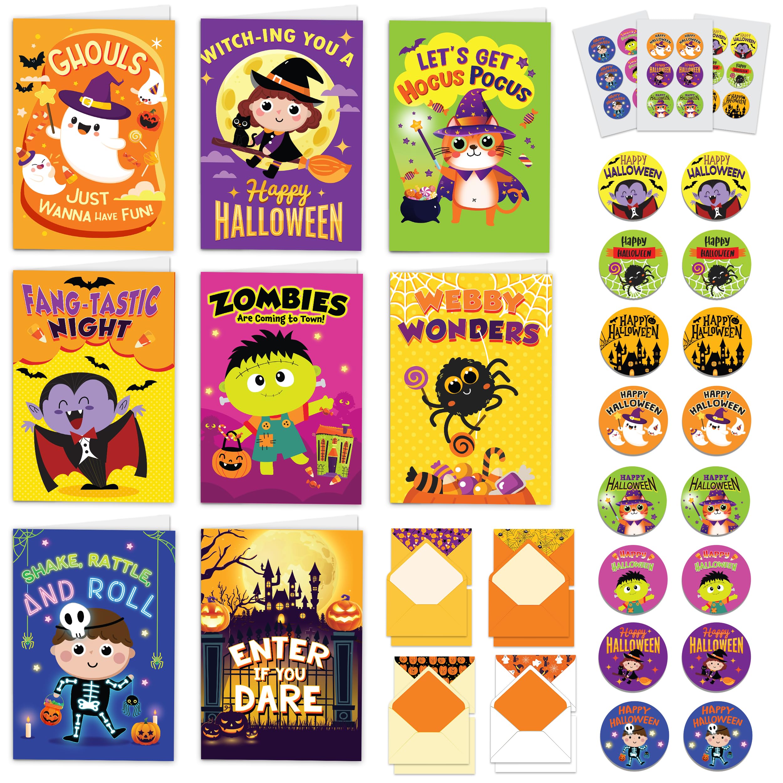 Decorably 16 Pack Halloween Cards with Envelopes & Stickers, 8 Designs Printed Message Inside Halloween Cards for Kids, 5x7in Halloween Cards and Envelopes for Kids, Halloween Greeting Cards for Kids