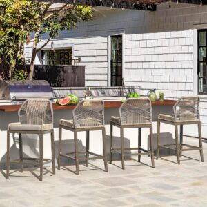 cozyman rattan counter height bar stools set of 4, 27.5" h boho woven rope back outdoor barstools with aluminum legs for kitchen patio garden, yellowish slate grey