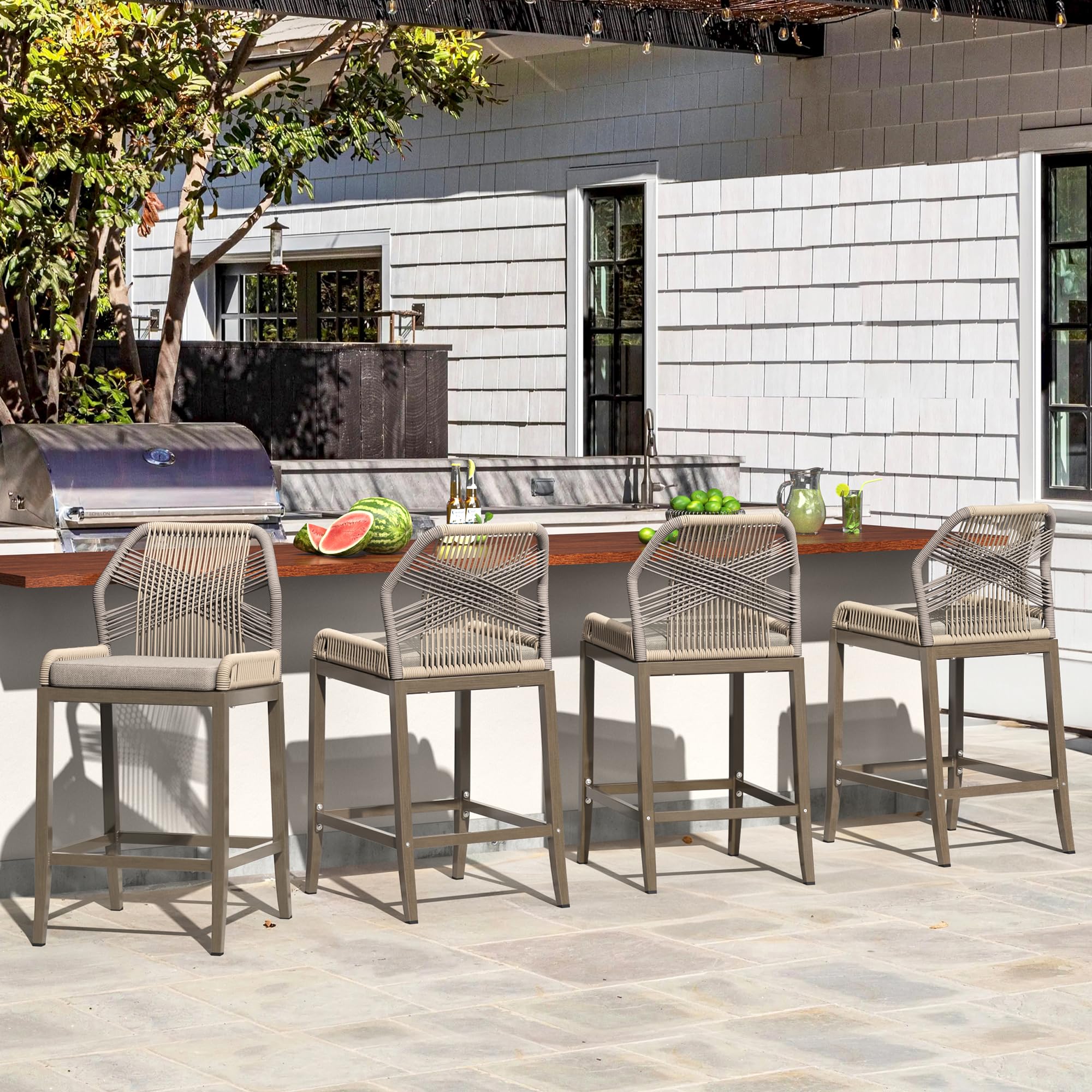 Cozyman Rattan Counter Height Bar Stools Set of 4, 27.5" H Boho Woven Rope Back Outdoor Barstools with Aluminum Legs for Kitchen Patio Garden, Yellowish Slate Grey