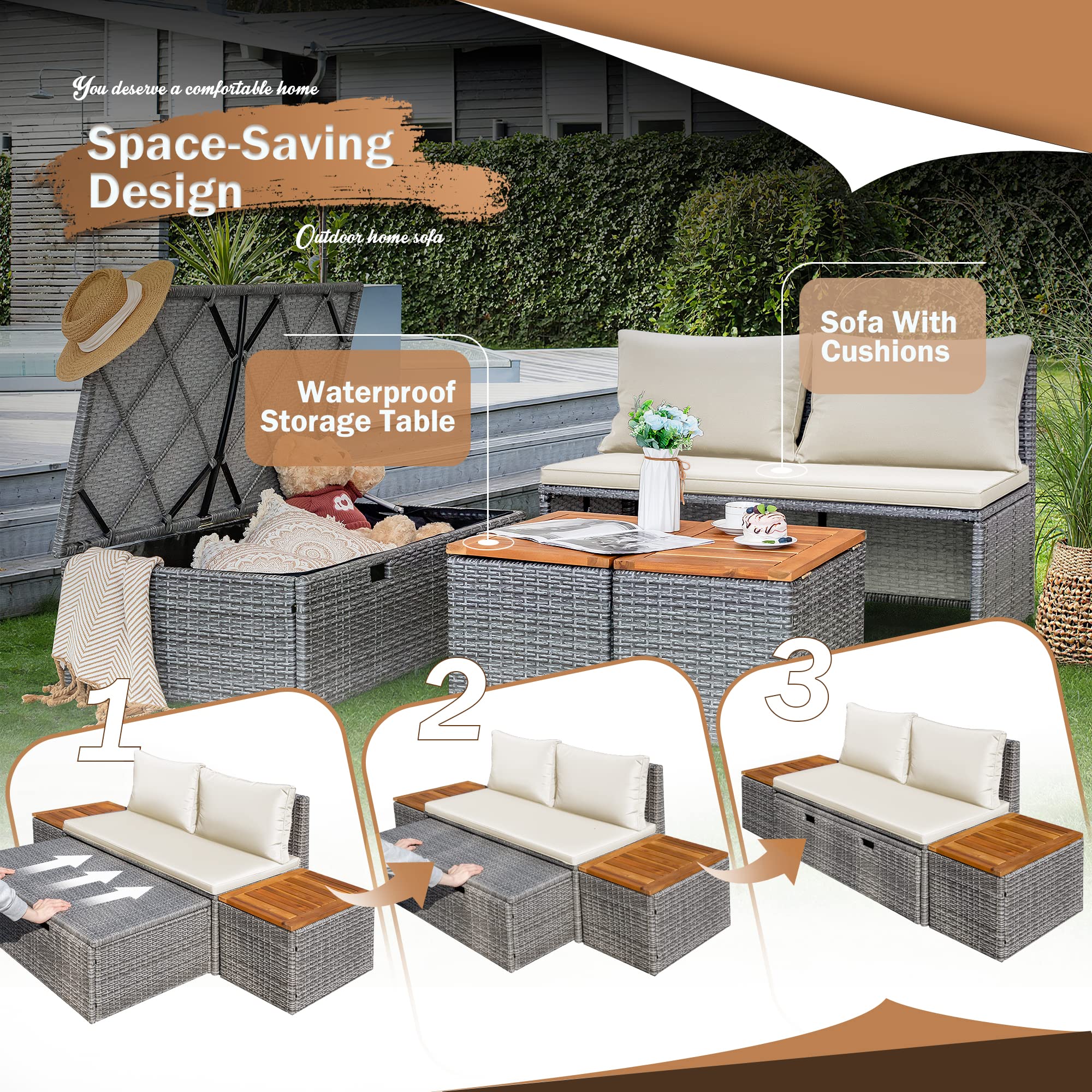 Devoko Outdoor Daybed Set Multifunctional Patio Day Bed Rattan Lounge Bed with 2 Side Tables for Backyard Porch Poolside Lawn Beach (Beige White)