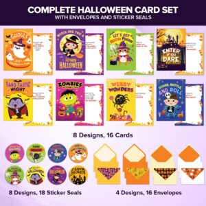 Decorably 16 Pack Halloween Cards with Envelopes & Stickers, 8 Designs Printed Message Inside Halloween Cards for Kids, 5x7in Halloween Cards and Envelopes for Kids, Halloween Greeting Cards for Kids