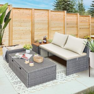 Devoko Outdoor Daybed Set Multifunctional Patio Day Bed Rattan Lounge Bed with 2 Side Tables for Backyard Porch Poolside Lawn Beach (Beige White)