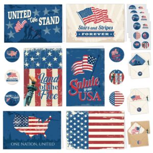 decorably 24 pack patriotic cards with envelopes & stickers - 6 designs with printed message inside patriotic thank you cards, 6x4in thank you for your service cards, patriotic note cards