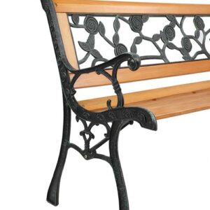 GODECOR 49" Outdoor Garden Bench, Patio Furniture Outdoor Chair with Hardwood Slats and Cast Iron Frame, Weather Proof 2-Person Outdoor Loveseat with Rose Style Back for Park, Porch, Pool, Backyard