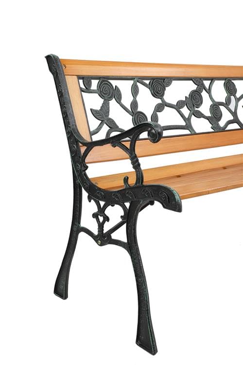 GODECOR 49" Outdoor Garden Bench, Patio Furniture Outdoor Chair with Hardwood Slats and Cast Iron Frame, Weather Proof 2-Person Outdoor Loveseat with Rose Style Back for Park, Porch, Pool, Backyard