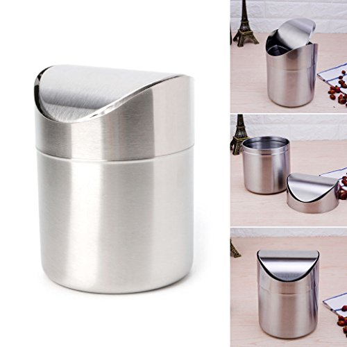 Yjcnelcr Stainless Steel Desk Trash Bin Countertop Waste Can with Swing Lid 1.5 L Waste Bin with Lid 80