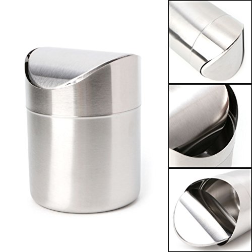 Yjcnelcr Stainless Steel Desk Trash Bin Countertop Waste Can with Swing Lid 1.5 L Waste Bin with Lid 80