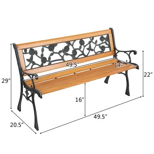 GODECOR 49" Outdoor Garden Bench, Patio Furniture Outdoor Chair with Hardwood Slats and Cast Iron Frame, Weather Proof 2-Person Outdoor Loveseat with Rose Style Back for Park, Porch, Pool, Backyard