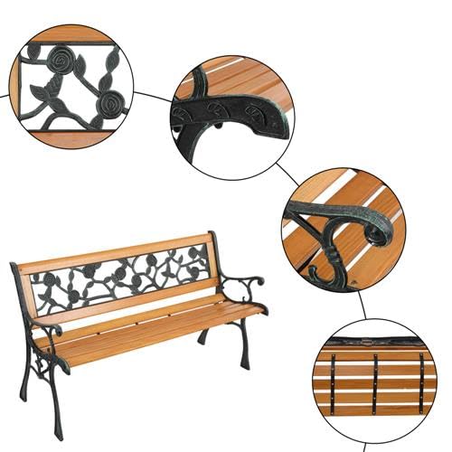 GODECOR 49" Outdoor Garden Bench, Patio Furniture Outdoor Chair with Hardwood Slats and Cast Iron Frame, Weather Proof 2-Person Outdoor Loveseat with Rose Style Back for Park, Porch, Pool, Backyard