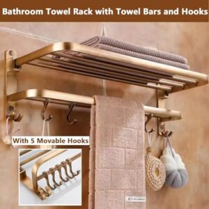 Bathroom Towel Rack Wall Mounted Towel Holder Bar Foldable Towel Shelf with Movable Towel Hooks Rustproof Aluminium Bath Kitchen Towel Holder Brushed Bronze Finish Towel Hanger Hardware Accessories (