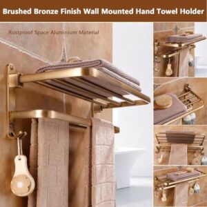 Bathroom Towel Rack Wall Mounted Towel Holder Bar Foldable Towel Shelf with Movable Towel Hooks Rustproof Aluminium Bath Kitchen Towel Holder Brushed Bronze Finish Towel Hanger Hardware Accessories (