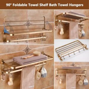 Bathroom Towel Rack Wall Mounted Towel Holder Bar Foldable Towel Shelf with Movable Towel Hooks Rustproof Aluminium Bath Kitchen Towel Holder Brushed Bronze Finish Towel Hanger Hardware Accessories (