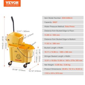 VEVOR Mop Bucket with Wringer, 26 Qt. Commercial Mop Bucket with Side Press Wringer, Side-Press Mop Bucket and Wringer Combo on Wheels, for Professional/Industrial/Business Floor Cleaning, Yellow