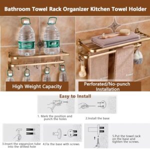 Bathroom Towel Rack Wall Mounted Towel Holder Bar Foldable Towel Shelf with Movable Towel Hooks Rustproof Aluminium Bath Kitchen Towel Holder Brushed Bronze Finish Towel Hanger Hardware Accessories (