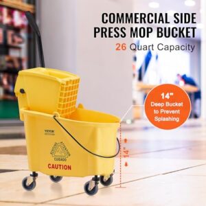 VEVOR Mop Bucket with Wringer, 26 Qt. Commercial Mop Bucket with Side Press Wringer, Side-Press Mop Bucket and Wringer Combo on Wheels, for Professional/Industrial/Business Floor Cleaning, Yellow