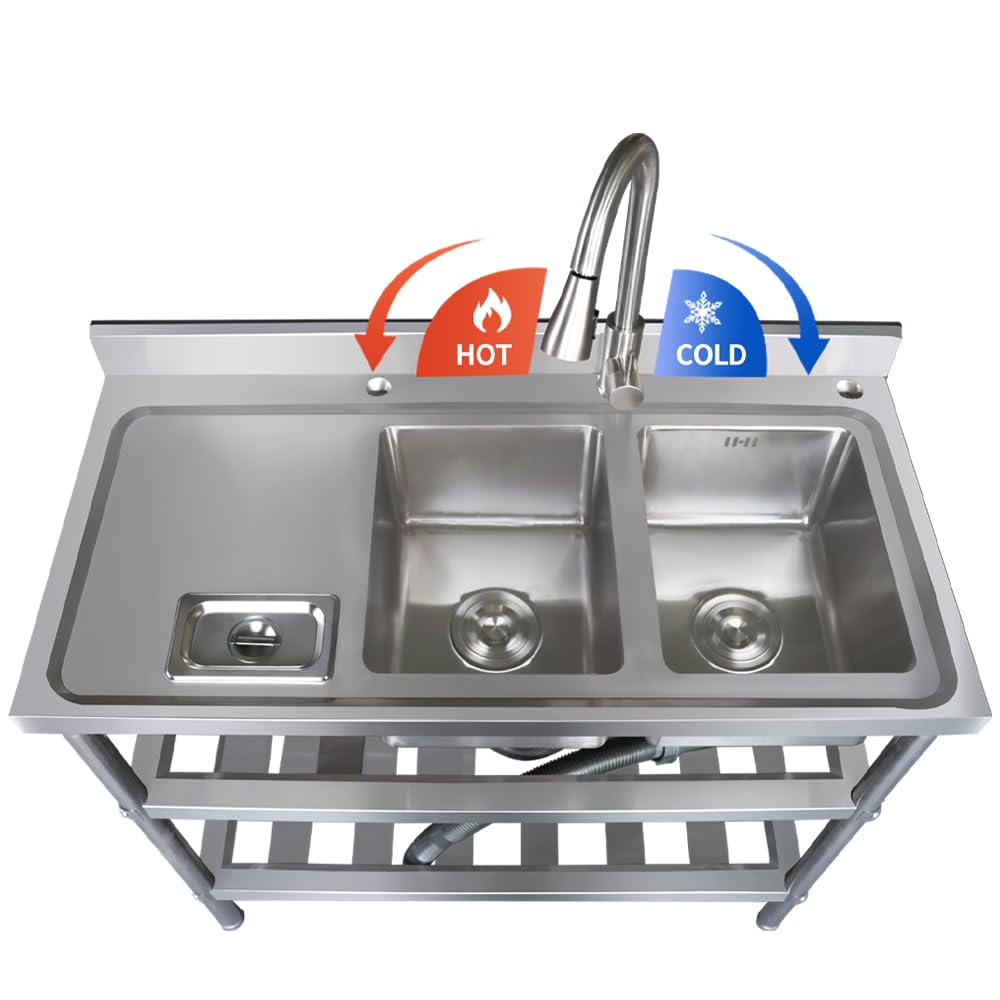 Qian Kun Industrial Grade Left-Hand Utility Sink Station with 304 Stainless Steel Double Bowl - 39.3x19.7x35.4Inch - NSF Certified - Ideal for Outdoor, Commercial, Garage, and Kitchen Use