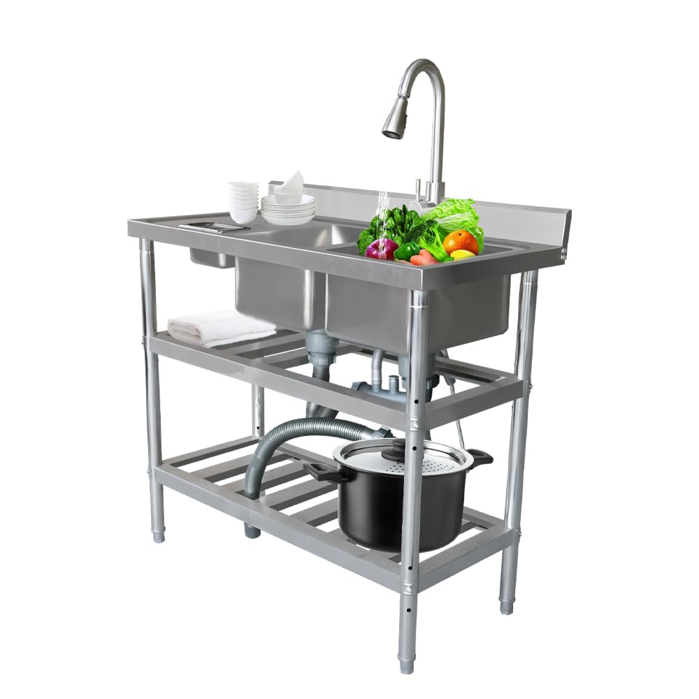 Qian Kun Industrial Grade Left-Hand Utility Sink Station with 304 Stainless Steel Double Bowl - 39.3x19.7x35.4Inch - NSF Certified - Ideal for Outdoor, Commercial, Garage, and Kitchen Use